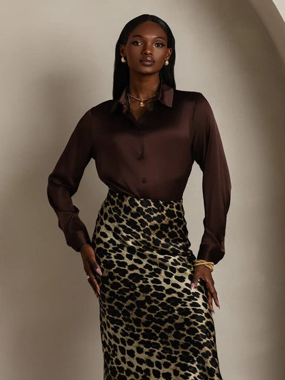 19Momme Silk Long Sleeve Lapel Collar Women's Shirt with Button Up Design