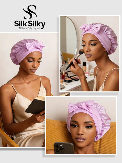 100% Mulberry Silk Bonnet Bowknot Tie Sleep Cap for Hair Protection