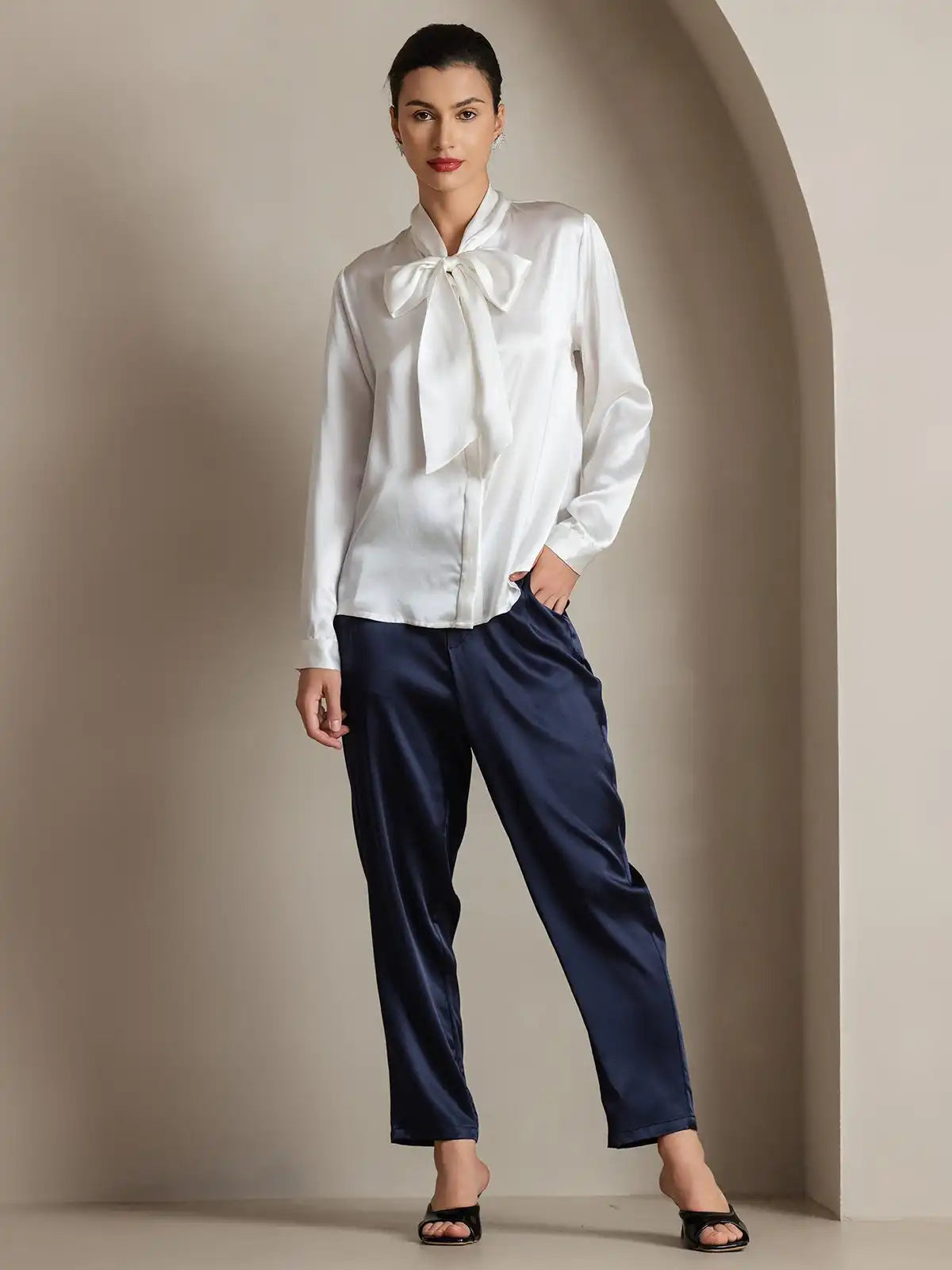 Elegant 19Momme Silk Long Sleeve Tie Neck Blouse