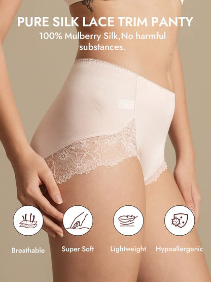 100% Mulberry Silk High Rise Knickers Lace Trim Panty