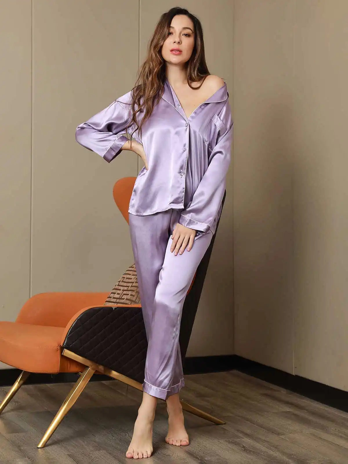 Clearance - Women's 100% Mulberry Silk Long Sleeve Lapel Collar Pajamas Set
