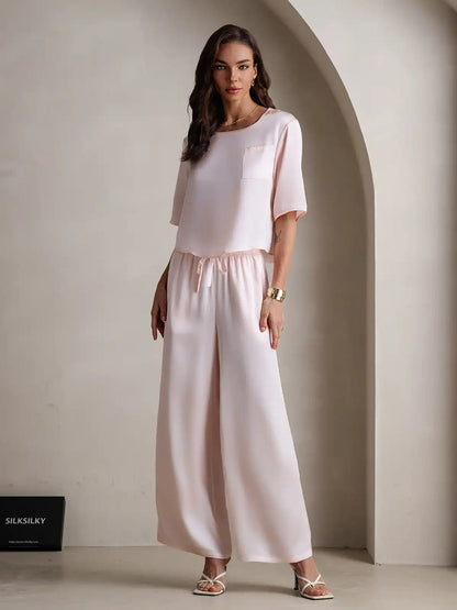 Women's 100% Mulberry Silk Half Sleeve Round Neck Pajamas Set