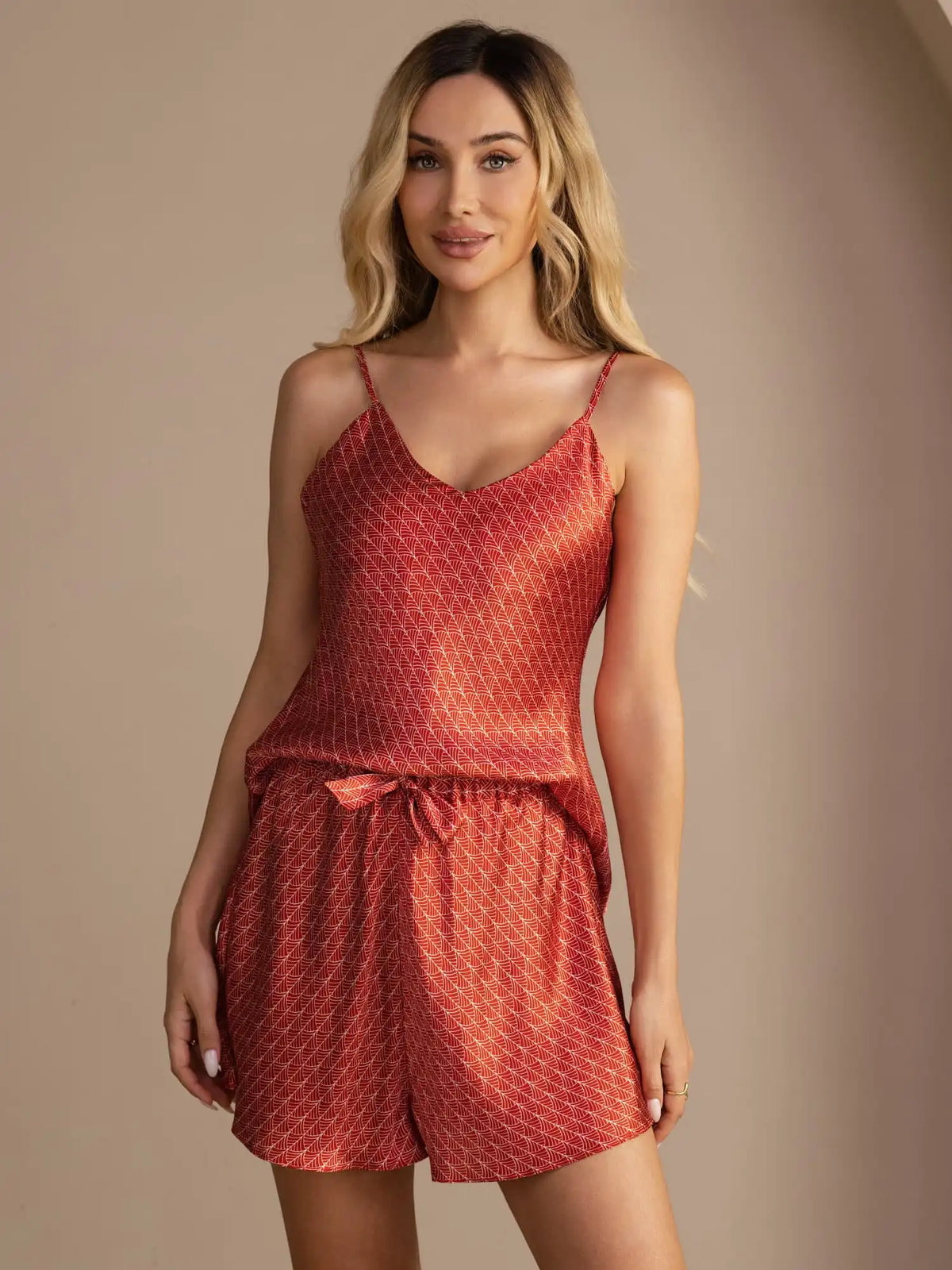 100% Mulberry Silk Navy Ginkgo Print Spaghetti Strap V Neck Camisole Set