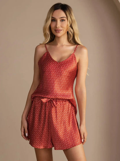 100% Mulberry Silk Navy Ginkgo Print Spaghetti Strap V Neck Camisole Set