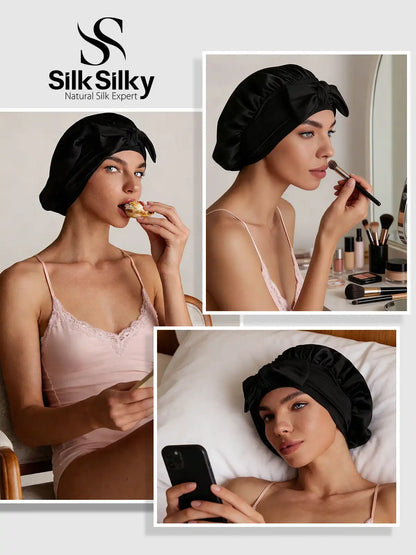 100% Mulberry Silk Bonnet Bowknot Tie Sleep Cap for Hair Protection