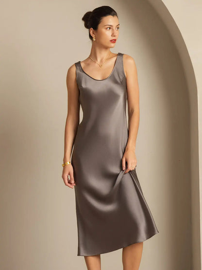 100% Mulberry Silk Sleeveless U Neck Midi Long Dress
