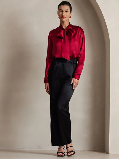 Elegant 19Momme Silk Long Sleeve Tie Neck Blouse