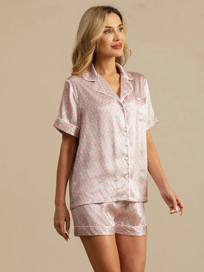 Clearance - 100% Mulberry Silk Geometric Print Short Sleeve Notch Collar Women's Pajamas Set