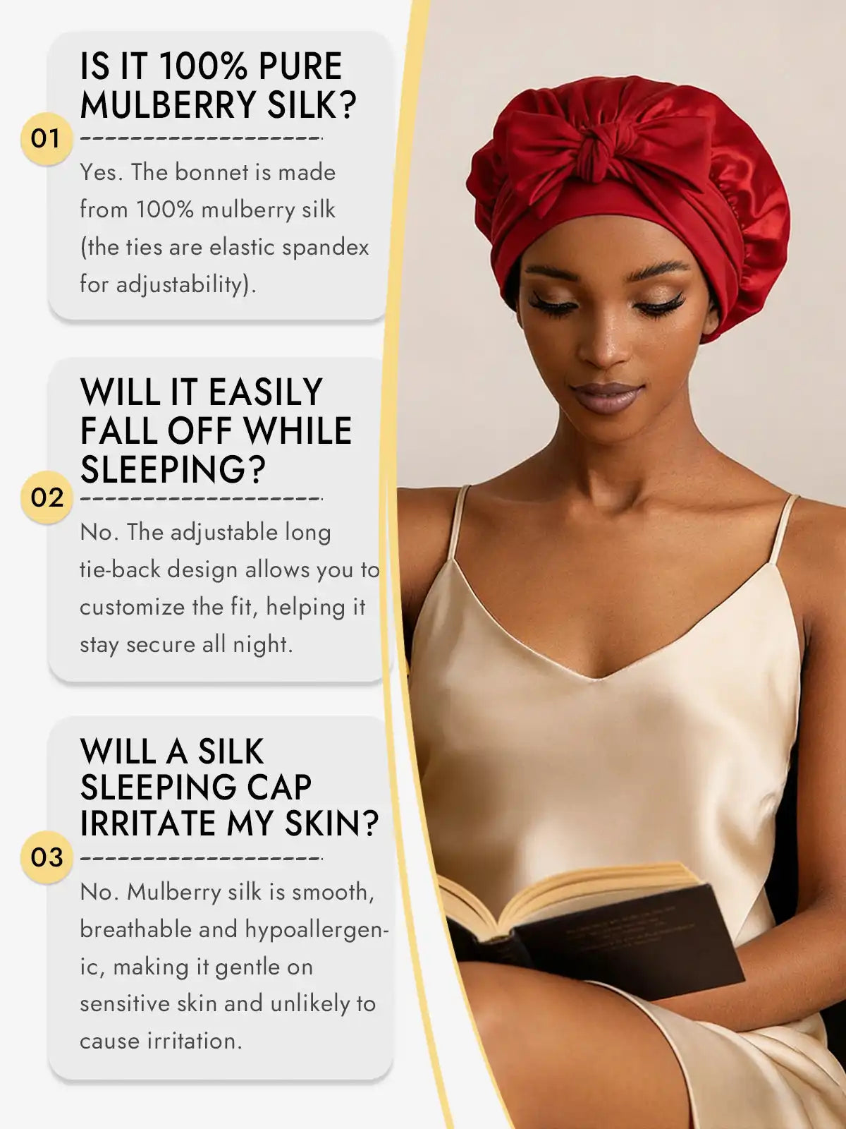 100% Mulberry Silk Bonnet Bowknot Tie Sleep Cap for Hair Protection