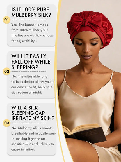 100% Mulberry Silk Bonnet Bowknot Tie Sleep Cap for Hair Protection