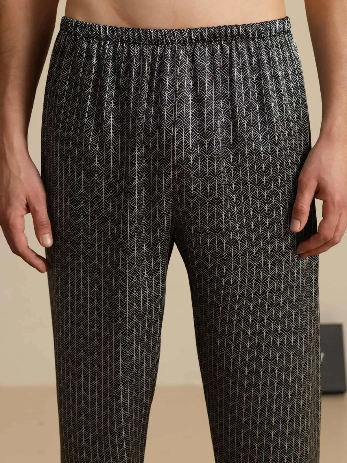Men's 100% Mulberry Silk Ginkgo Print Sleep Pants with Elastic Waist