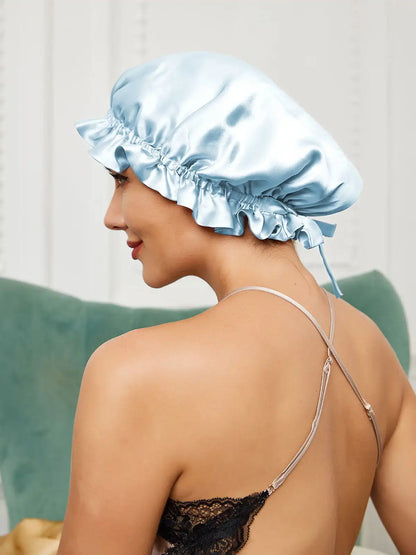100% Mulberry Silk Sleep Cap Double Layer Bonnet with Ribbon