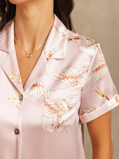 19Momme Women's 100% Mulberry Silk Crane Print Short Sleeve Notch Collar Pajamas Set
