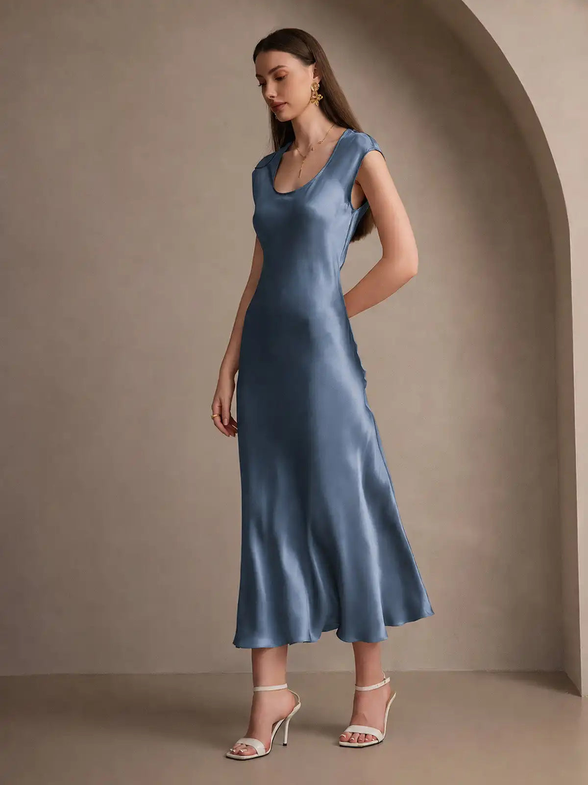 19Momme Silk Cap Sleeve Round Neck Midi Dress