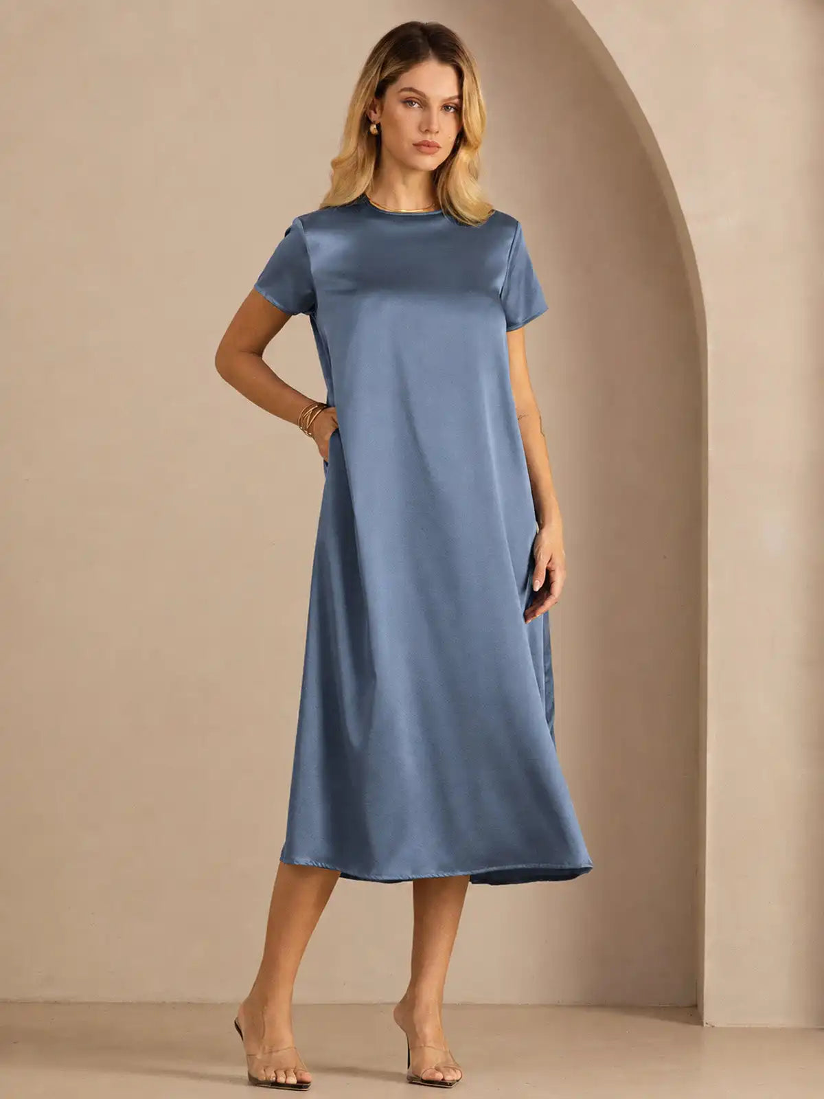 19Momme Silk Short Sleeve Crew Neck  Midi Dress With Side Pockets
