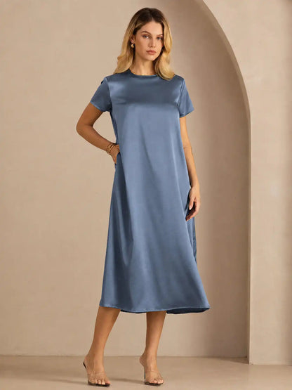 19Momme Silk Short Sleeve Crew Neck  Midi Dress With Side Pockets