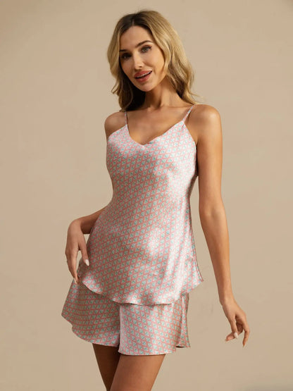 100% Mulberry Silk Geometric Print Spaghetti Strap V Neck Camisole Set