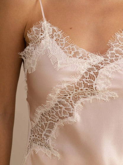 100% Mulberry Silk Spaghetti Straps Lace Camisole Top with Asymmetrical Hem