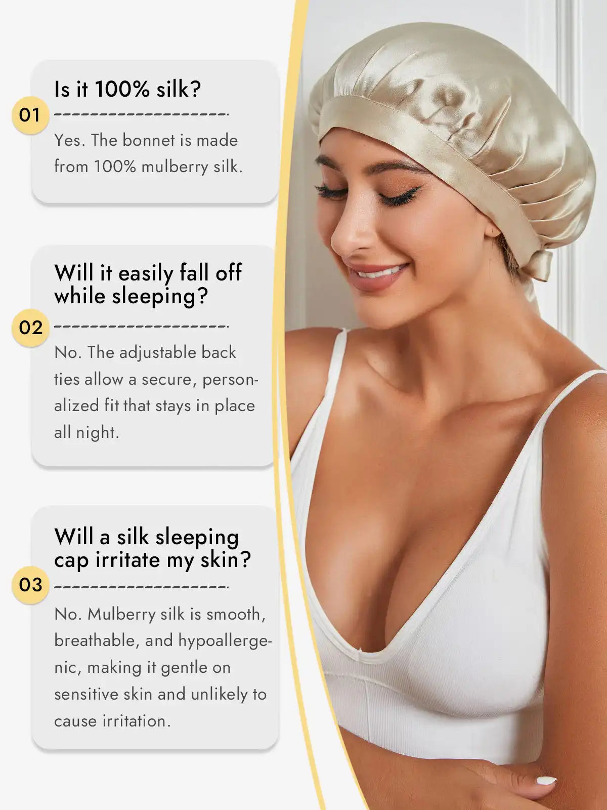 100% Mulberry Silk Sleep Bonnet with Ribbons