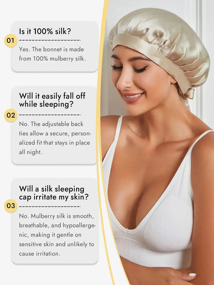 100% Mulberry Silk Sleep Bonnet with Ribbons