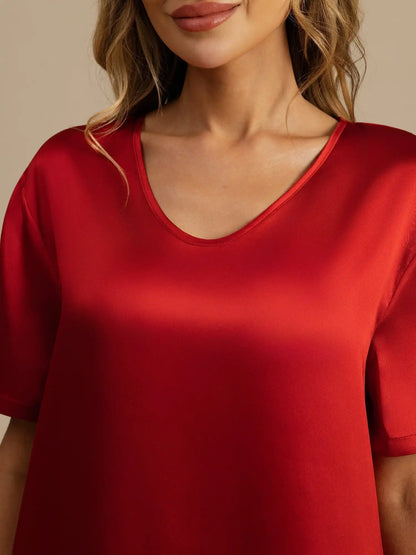 100% Mulberry Silk Half Sleeve V-neck Short Nightgown with Split Design