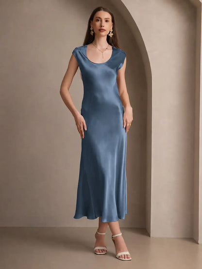 19Momme Silk Cap Sleeve Round Neck Midi Dress