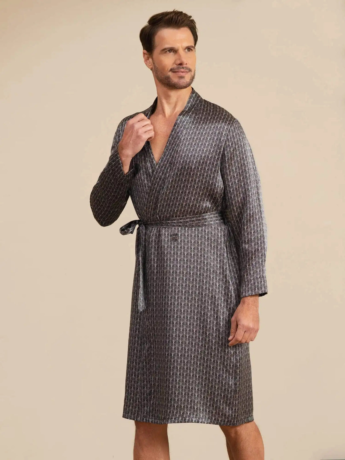 100% Mulberry Silk Men’s Knee Length Ginkgo Printed Robe With Belted Design