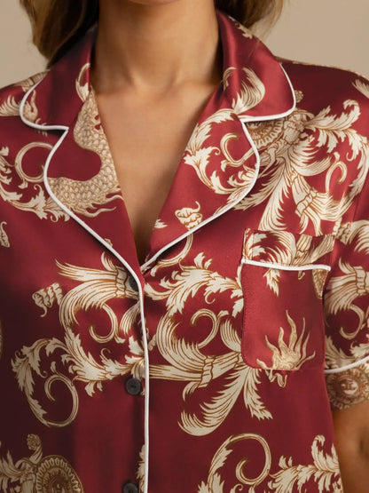 Women's 100% Mulberry Silk Dragon Print Short Sleeve Notch Collar Pajamas Set With Shorts
