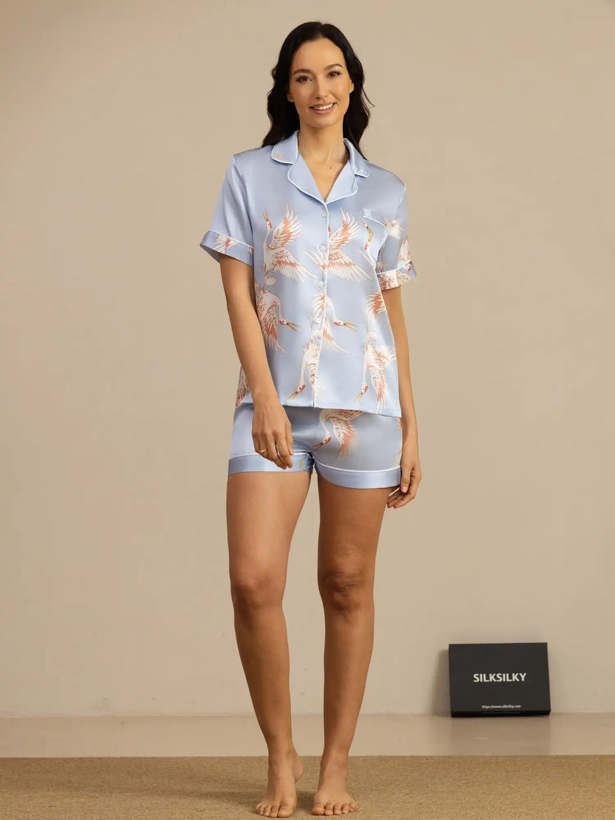 Clearance - 19Momme 100% Mulberry Silk Crane Print Short Sleeve Notch Collar Women's Pajamas Set