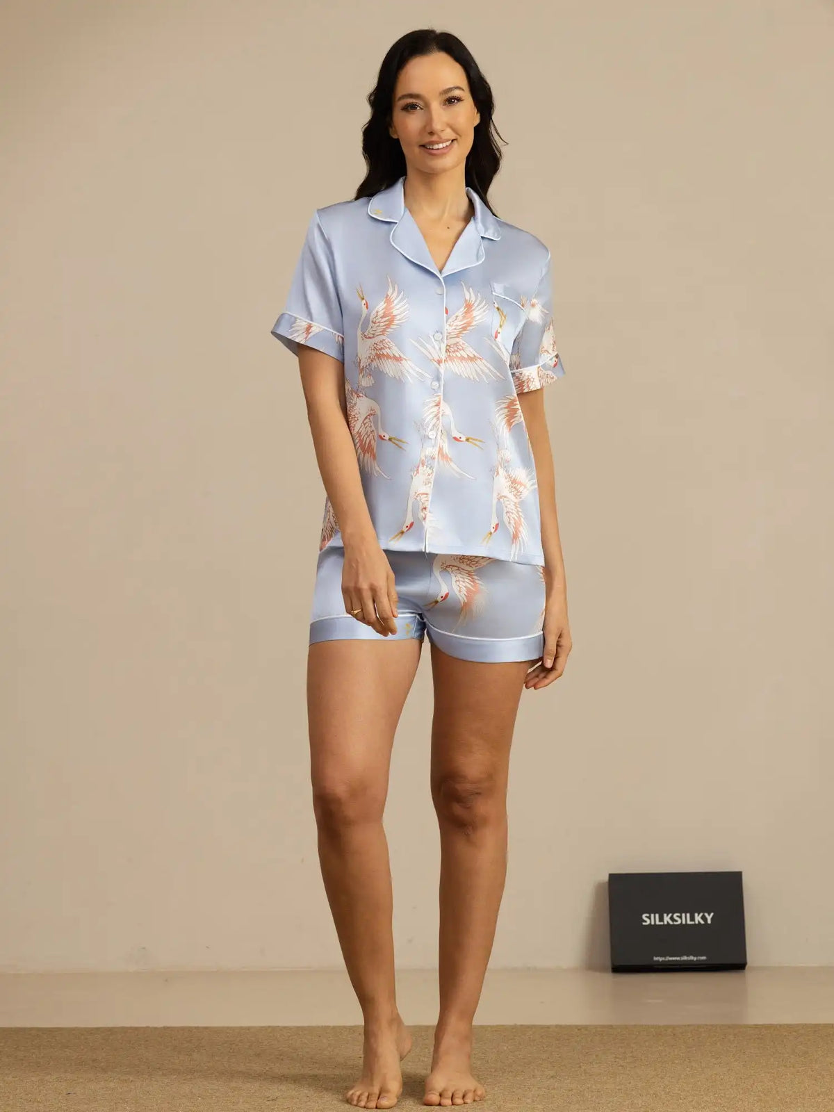 19Momme Women's 100% Mulberry Silk Crane Print Short Sleeve Pajamas Set