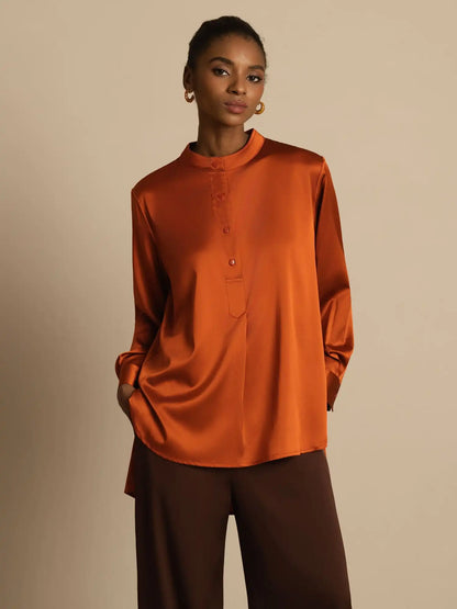 19Momme Silk Women’s  Stand Collar High-Low Blouse With Button Detail