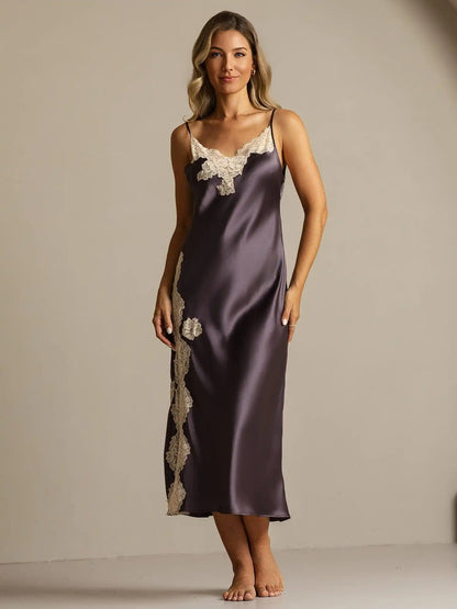 100% Mulberry Silk Spaghetti Strap Long Nightgown with Lace Split Design
