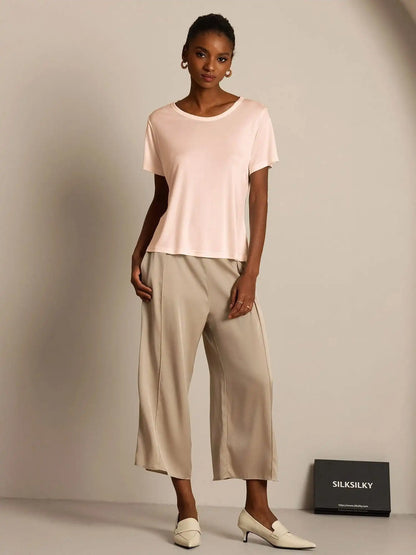 Women's 100% Mulberry Silk Short Sleeve Round Neck Basic T-Shirt