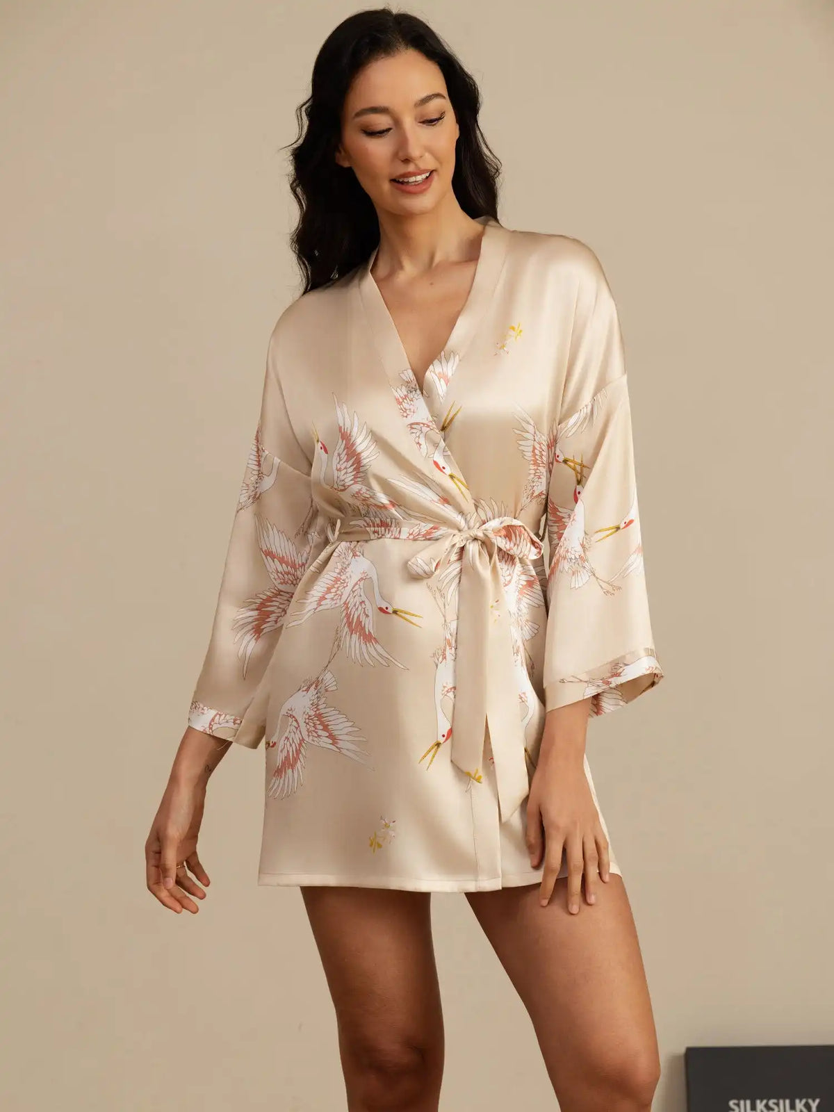 19Momme Women's 100% Mulberry Silk Crane Print 3/4 Sleeve Short Kimono Robe