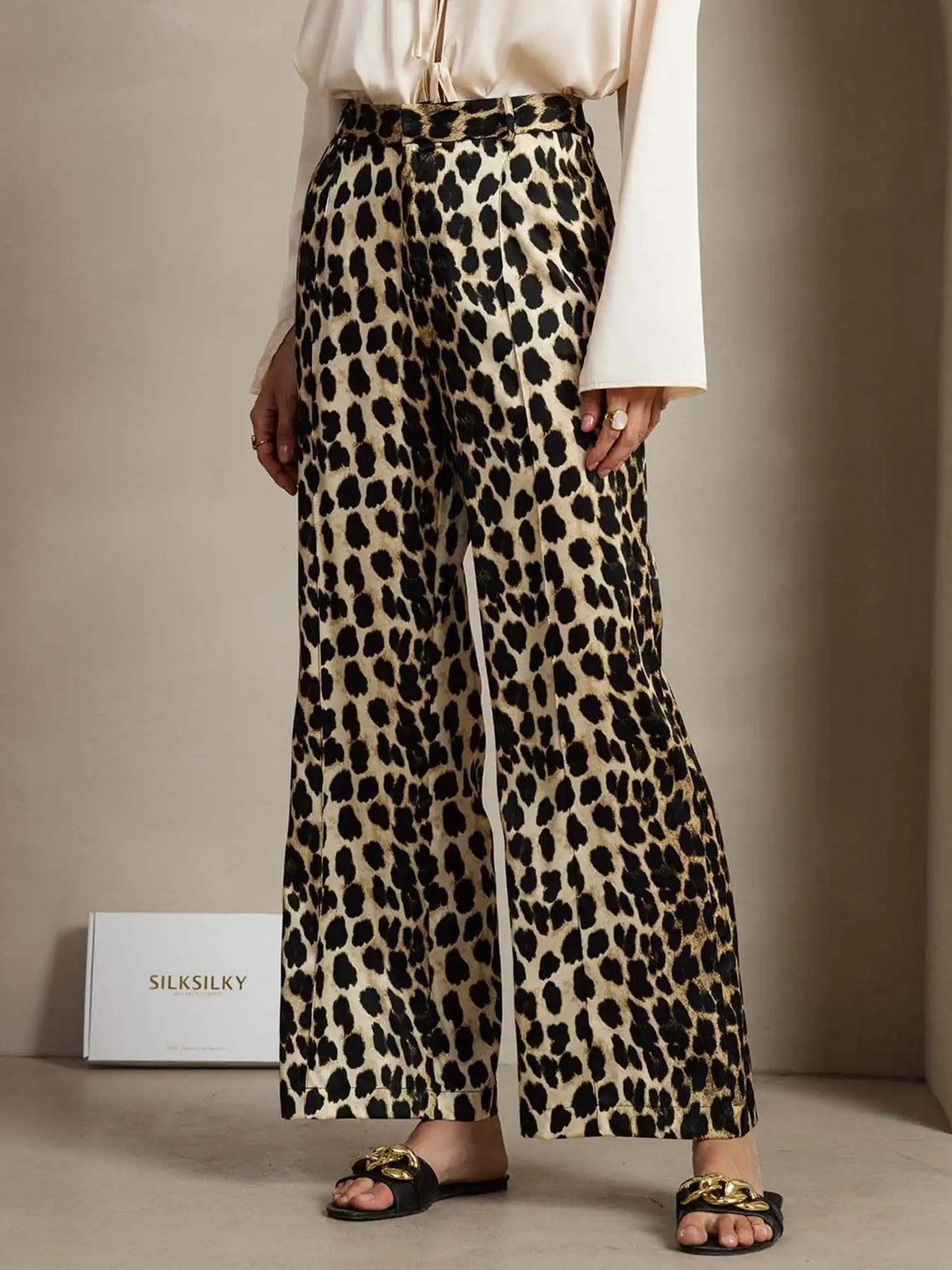 Clearance - 19Momme Silk Leopard Print Straight Leg Women's Pants With Side Pockets Design
