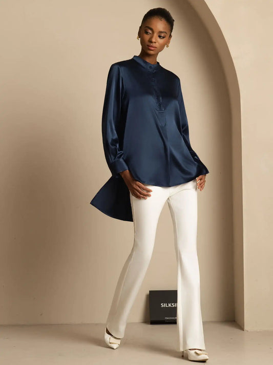 19Momme Silk Women’s  Stand Collar High-Low Blouse With Button Detail