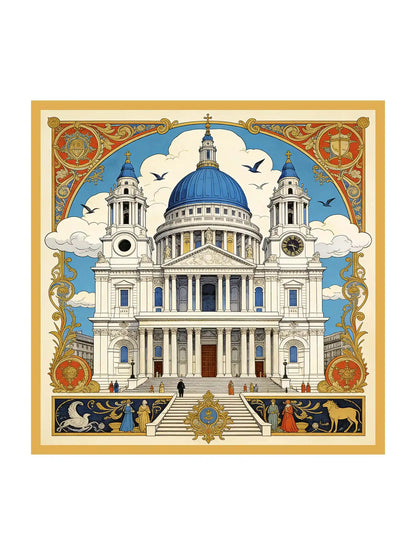 Clearance - Pure Silk White Cathedrals Print Square Scarf - Size 90x90cm