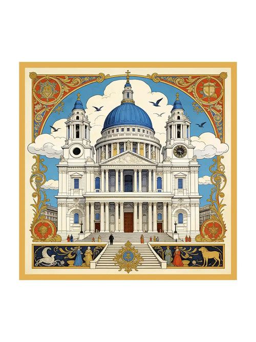 Clearance - Pure Silk White Cathedrals Print Square Scarf - Size 90x90cm