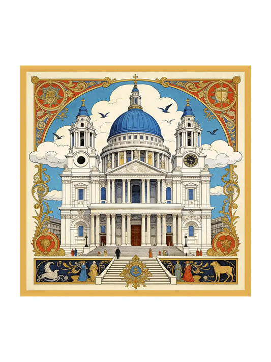 Clearance - Pure Silk White Cathedrals Print Square Scarf - Size 90x90cm