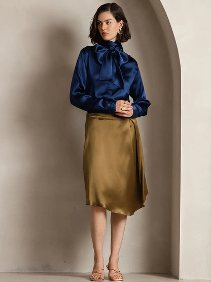 19Momme Silk Long Sleeve High Neck Bow Tie Blouse