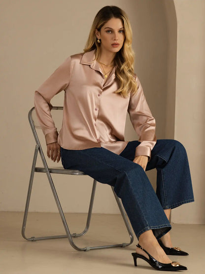 19Momme Silk Long Sleeve Lapel Collar Women's Shirt with Button Up Design
