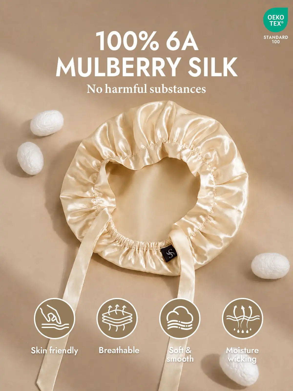 100% Mulberry Silk Sleep Bonnet with Ribbons