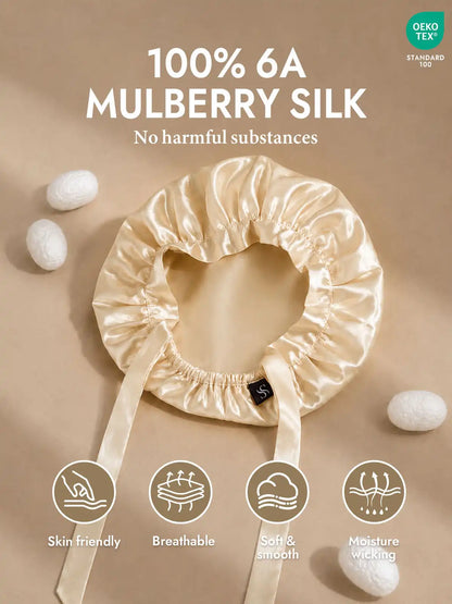 100% Mulberry Silk Sleep Bonnet with Ribbons