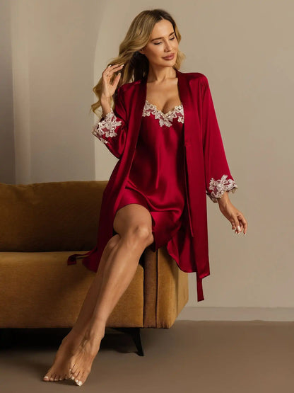 Elegant 100% Mulberry Silk Lace Trim Nightgown & Robe Set 2Pcs
