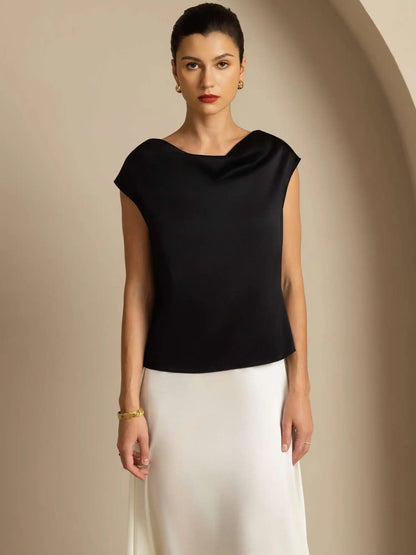 19Momme Women's Silk Cap Sleeve Cowl Neck Top