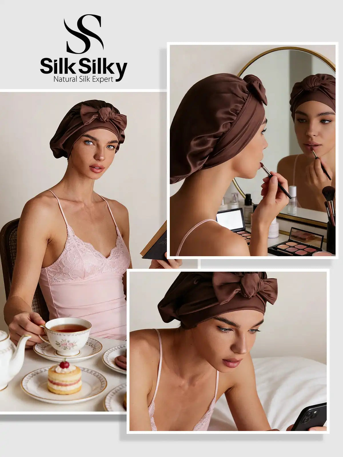 100% Mulberry Silk Bonnet Bowknot Tie Sleep Cap for Hair Protection