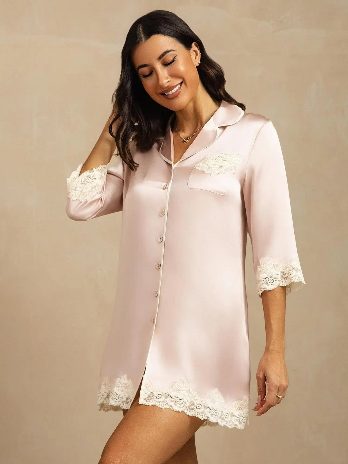100% Mulberry Silk Button Up Nightshirt with Lace Design