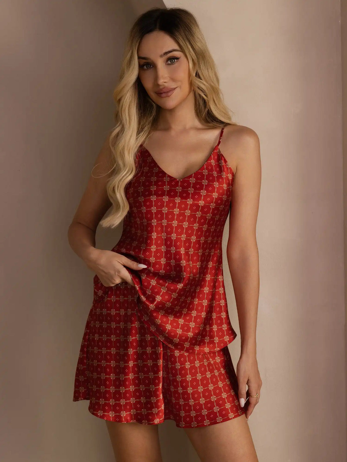 100% Mulberry Silk Navy Chain Print Spaghetti Strap V Neck Camisole Set
