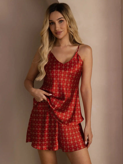 100% Mulberry Silk Navy Chain Print Spaghetti Strap V Neck Camisole Set