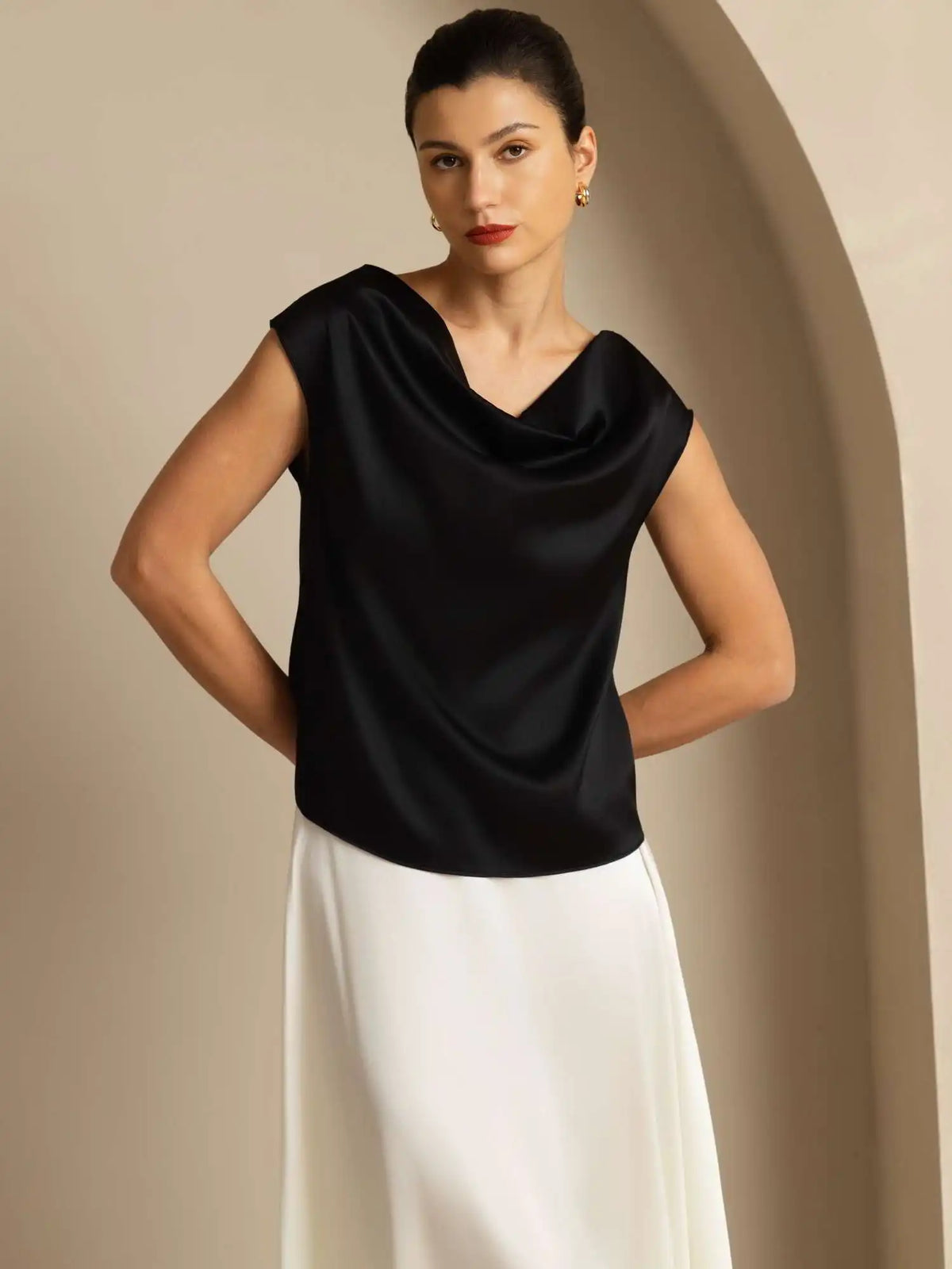 19Momme Silk Cap Sleeve Cowl Neck Women's Top